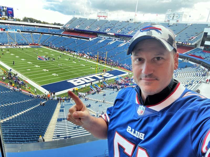 Buffalo Bills season ticket holder Russ Lyons, a former AED salesman, reached out to the team to see how he could help in the wake of Damar Hamlin's on-field cardiac arrest. Here he is at a game with friends who have gathered for more than 20 years to see the Bills play. (Photo courtesy of Russ Lyons)